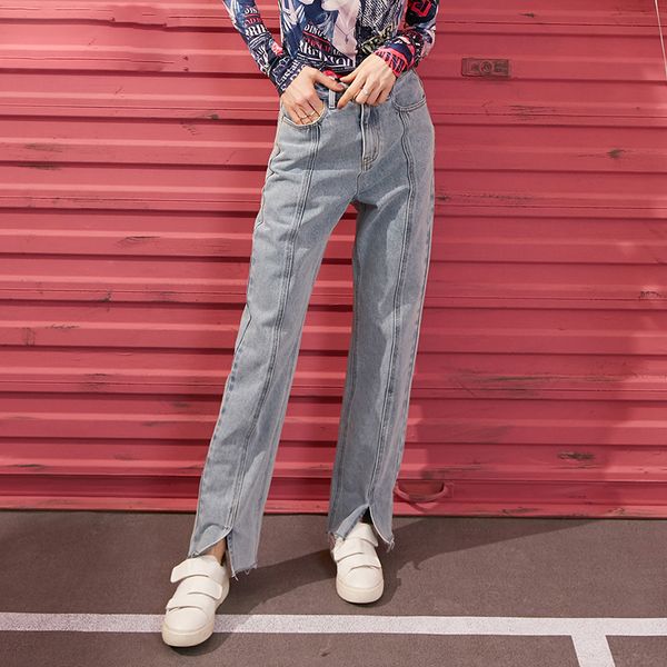 

blue solid minimalist washed casual women denim jeans 2020 summer pure raw irregular hem korean ladies daily trouser