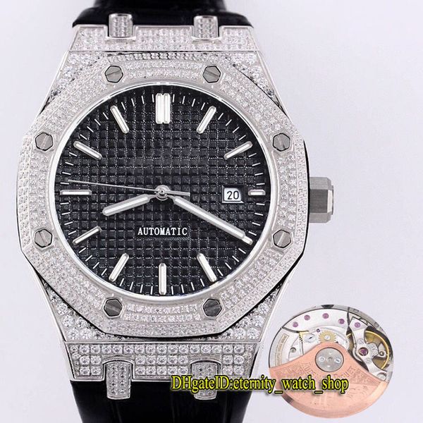 

version royal series 15451 black dial cal.a3120 automatic mechanical 15400 mens watch diamond iced out case leather strap sport watches, Slivery;brown