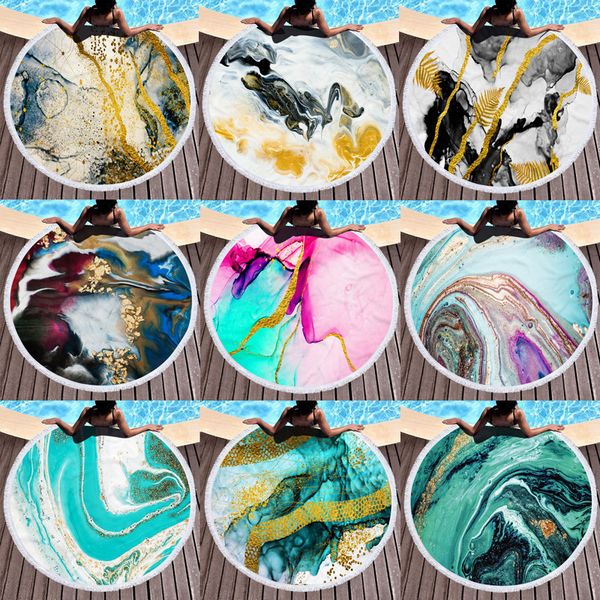 

creative marble pattern summer round beach towel with drawstring storage bag sports bath shower towels with tassel toalla playa blanket