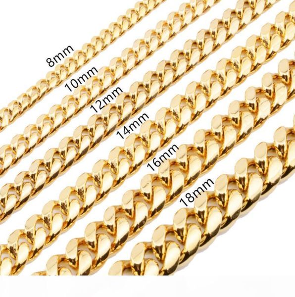 

wholesale 8mm 10mm 12mm 14mm 16mm stainless steel jewelry 18k gold plated high polished miami cuban link necklace men punk curb chain, Silver