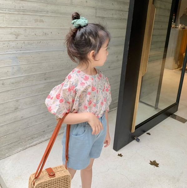 

new summer style girl doll pink flower doll shirt 2020 korean style children's cute round collar thin shirt, White;black
