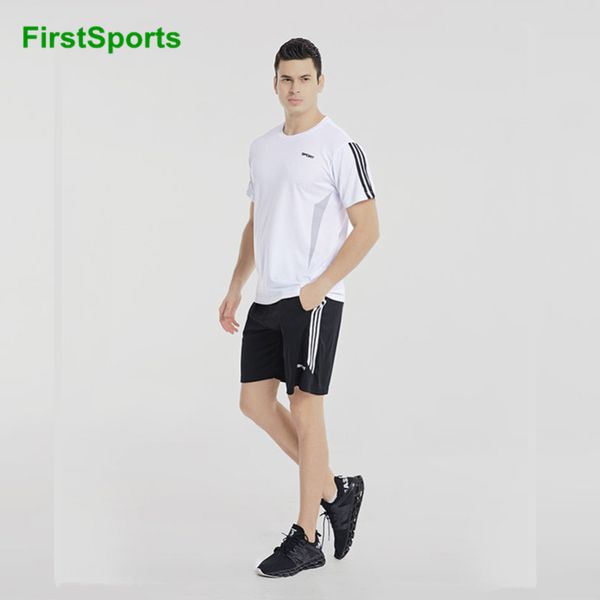 

summer stripe workout sports suit men gym shorts+short sleeve running set quick dry outdoor fitness training jogging sportswear, Black;blue