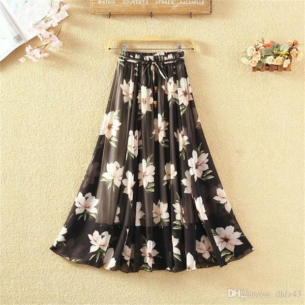 

hj summer long skirts womens casual saia print chiffon skirt pleated faldas high waist boho party beach maxi skirt jupe femme, Black