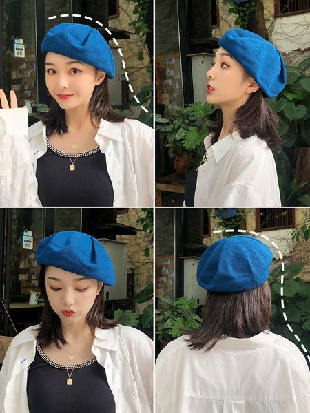 

z8oa7 beret women's thin summer korean style all-match fashionable painter pleated cute student painter beret octagonal hat octagonal h, Blue;gray