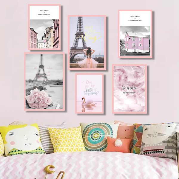 

eiffel tower girl wall art canvas fashion poster pink city landscape print painting nordic decoration picture living room decor