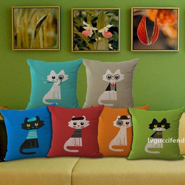 

new arrival gift cute cat pattern linen cotton square pillow case home l office pillow cover taies d oreiller coton 45x45cm 240528