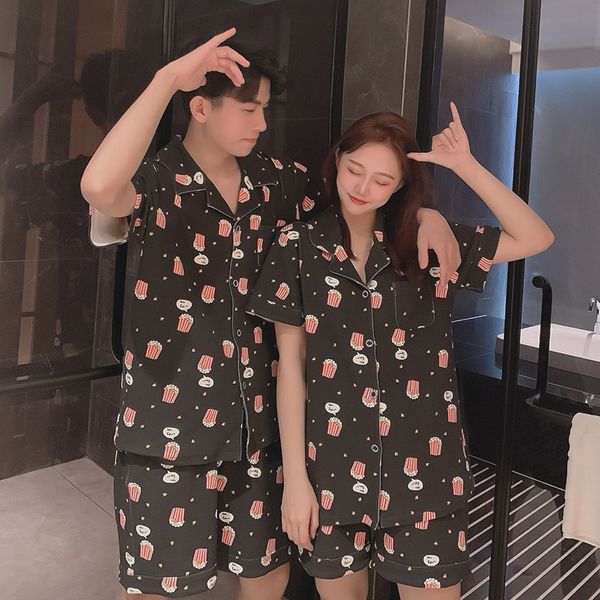 

avxg2 couple pajamas wo trousers suit clothes clothes home clothessummer cotton cardigan short sleeve pants suit ins cartoon cute men's, Black;brown