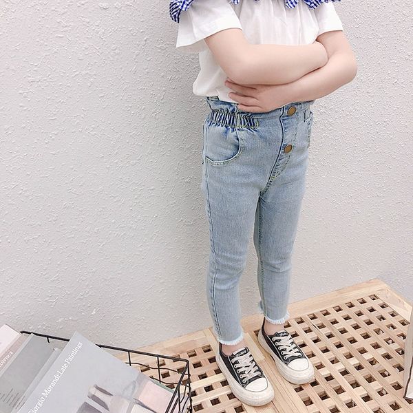 

girls' jeans 2020 season new flower brassieres jeans pencil children's stretch ankle pants high waist foreign style pencil pants, Blue