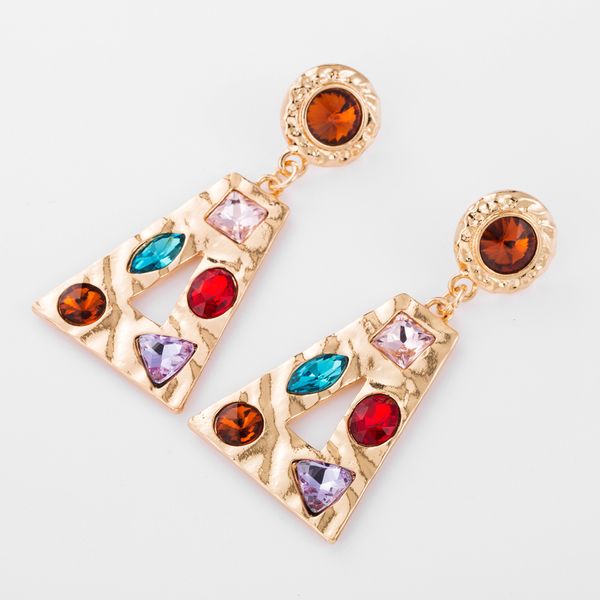 

earrings new trapezoid alloy hollow glass diamond diamond earrings metal feeling, Golden