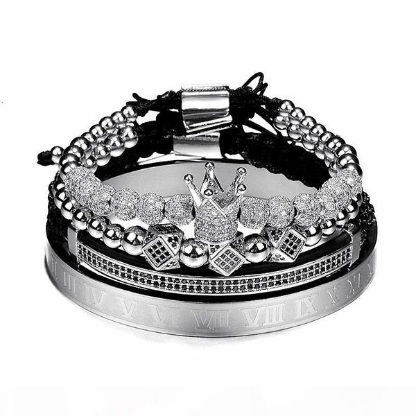 

y classical handmade braiding bracelet gold hip hop men pave cz zircon crown roman numeral bracelet luxury jewelry, Golden;silver