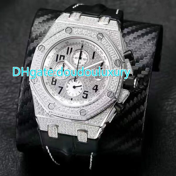 

full iced out quartz chronograph full works watch mens brand luxury wristwatch black leather band stainless steel os chronograph watch, Slivery;brown