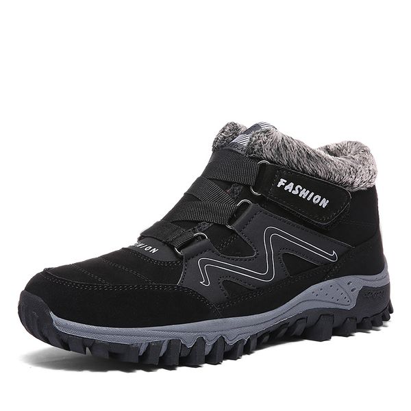 

men snow boots ankle non-slip winter hook & loop outdoor short plush warm shoes walking platform comfortable plus size 39-46, Black