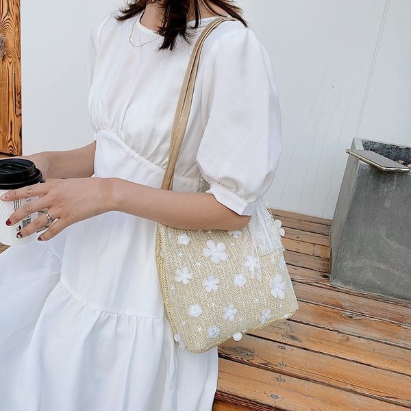 

2020 summer new fashion lace woven straw bag simple beach bucket bag women straw shoulder bags wicker weave handbag tote