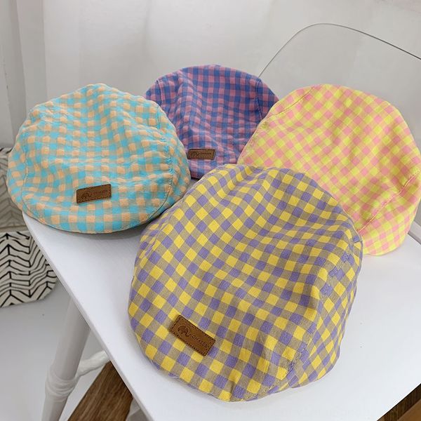 

baby plaid british children's hat thin 1-2 years old cap sunshade beret beret new fashion hat, Blue;gray