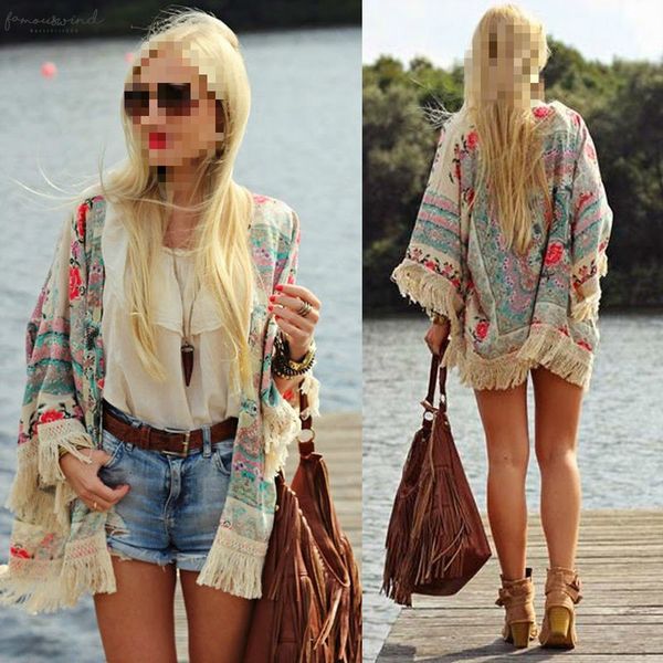 

gift summer women fringed tassel shawl cape loose batwing sleeve shirt holiday casual beach cover up, White