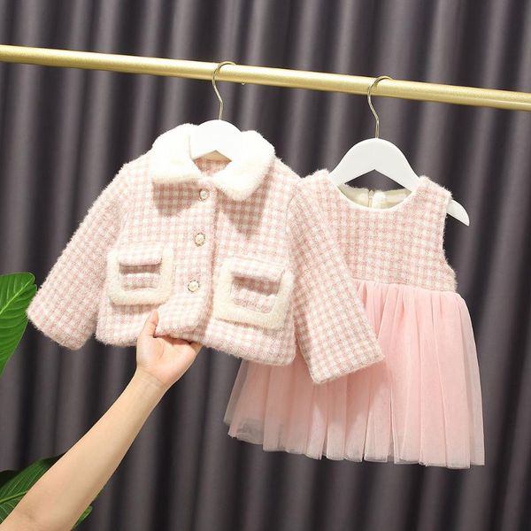 

2020 winter korean style children shirt graceful warm fleece dress fashion fur collar suit skirt above knee, mini solid cotton, Red;yellow