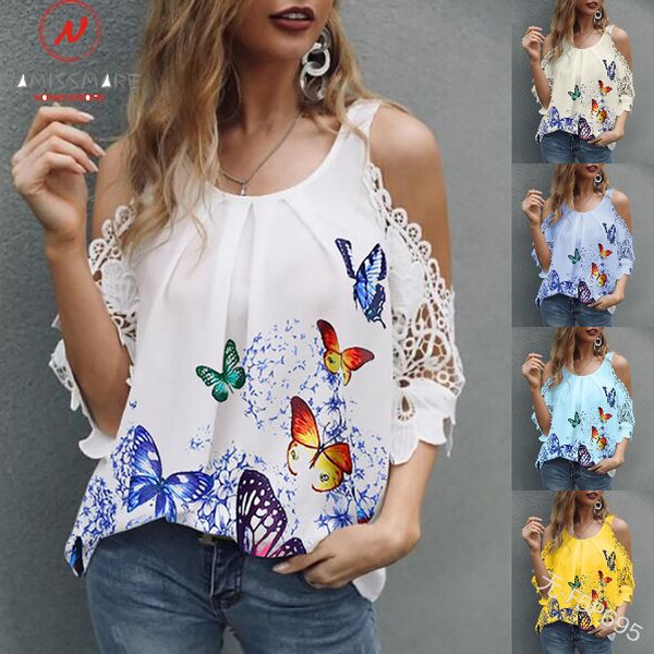 

women summer casual loose t-shirts hollow out design lace decor o-neck off shoulder short sleeve butterfly print top, White