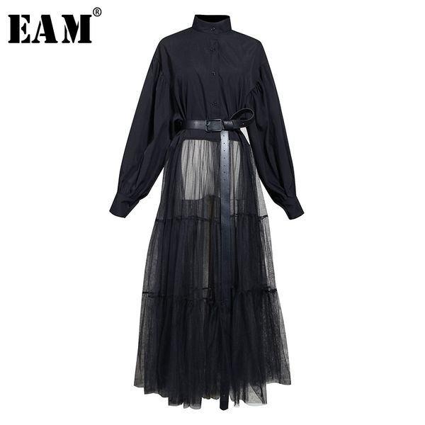 

eam] women black hem mesh split big size blouse new stand collar long sleeve loose fit shirt fashion spring autumn 2020 1n879, White