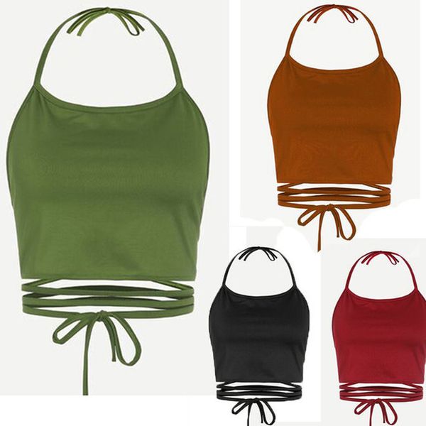 

crop 2020fashion women sleeveless backless vest haltersolid strappy vest tank t shirt for women clothing, White