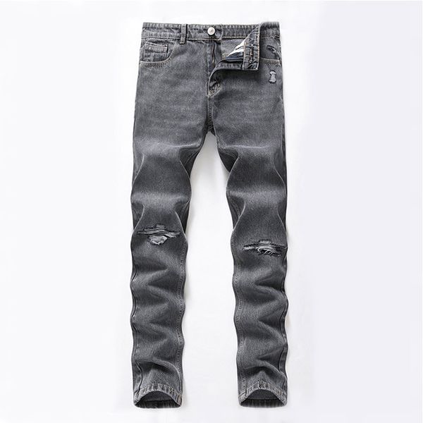 

kiovno men's gray casual jeans pants slim fit knee ripped denim trousers for male solid color size 28-42, Blue