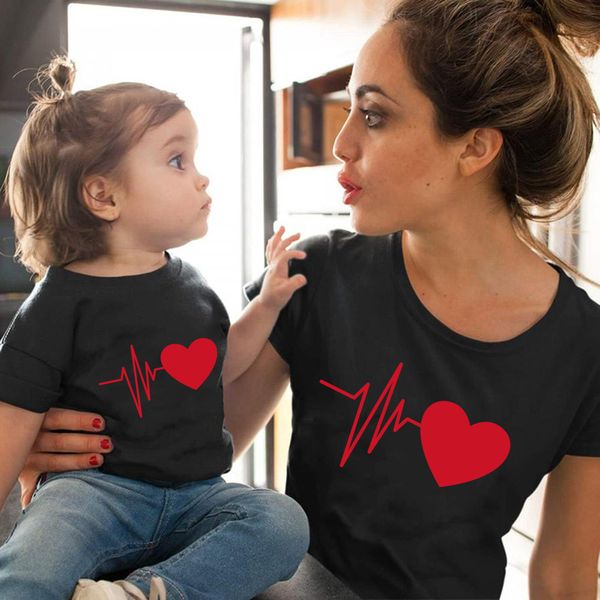 

love heartbeat cotton family matching clothes baby girl clothes outfits mother and daughter t-shirt summer baby mama tshirt, Blue