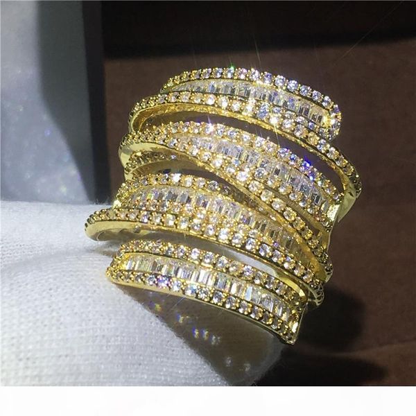 

luxury big ring yellow gold filled engagement wedding band rings for women t shape 5a zircon crystal 925 silver bijoux gift, Slivery;golden