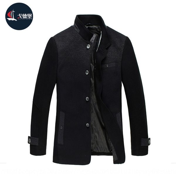 

ge debao 2019 winter new men's thickened stand collar middle-aged men's mid-length wool coat woolen coat, Black