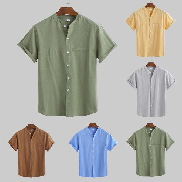 

men's casual shirts pure color linen shirt summer green gray yellow for men blue coffe male short, White;black