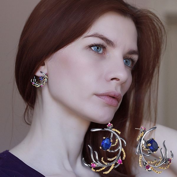 

charming c blue rose color stones crystal black gun plated jewelry & accessories bohemia big earrings, Silver