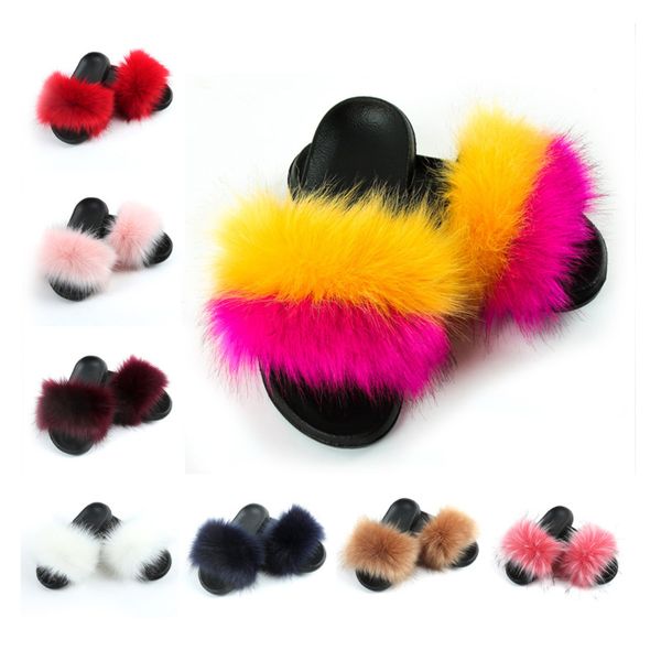 

women summer fluffy faux fur slides warm fashion faux fur slippers ladies cute raccoon slides drop shipping shoes, Black
