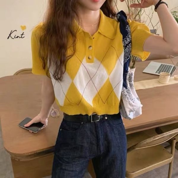 

5ov23 корейских шик летом все-матч поло воротника алмазы соответствие цвета свободного случайный тонкий трикотаж t- трикотажной рубашки фона, White;black