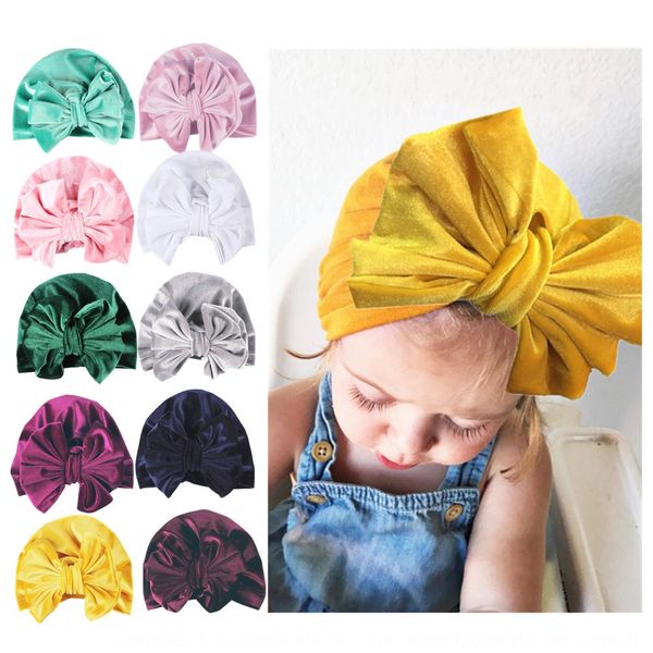 

new children's gold velvet indian bowknot pullover cap baby cap baby pullover hat children's hat, Yellow