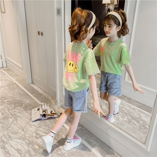 

pqjhl children's smiling face western style 2020 new girls cotton short sleeve summer clothes big children's half sleeve t-shirt c, Blue
