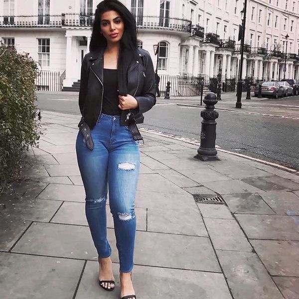 

high waist skinny jeans pencil pant hole elasticity ripped jeans cool ankle length women jean plus size, Blue