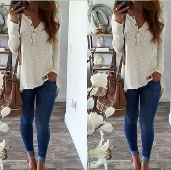 

new fashion women blouse burst pure color slim base shirt small v neck button long sleeve casual shirts, White