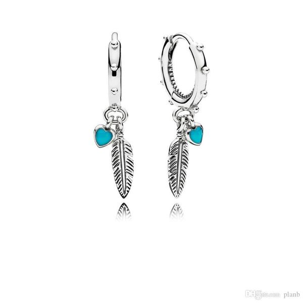 

Turquoise Hearts & Feather Hoop Earrings Original Box for Pandora 925 Sterling Silver Women Gift Jewelry EARRINGS sets