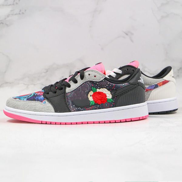 

2020 new year lunar new year chinese year black pink floral embroidery yuanyang basketball shoes 1 low men women casual sports shoes, White;red