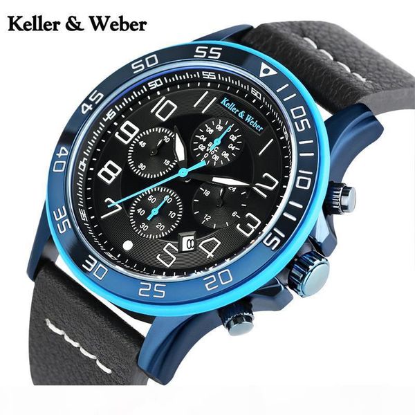 

keller&weber mens sport watches chronograph date 3atm water resistant quartz army genuine leather wristwatch cool clock, Slivery;brown