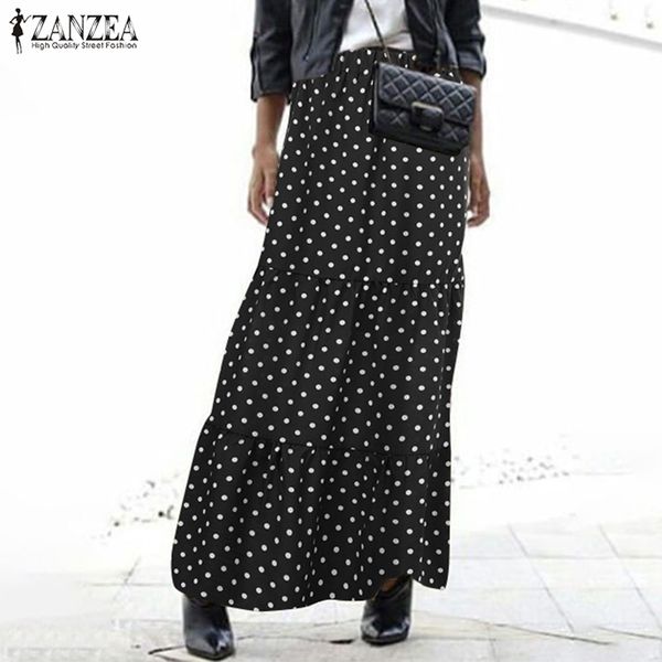 

bohemian polka dot long skirts zanzea women elastic waist party beach skirt rcasual faldas saia robe jupe 5xl uffles hem skirts, Black