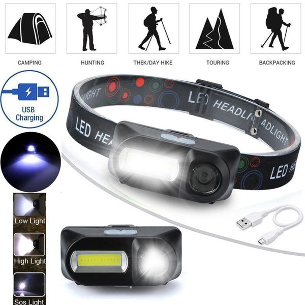 

cob led 6-mode headlight straps adjustable headlamp usb rechargeable torch headlight camping night fishing light