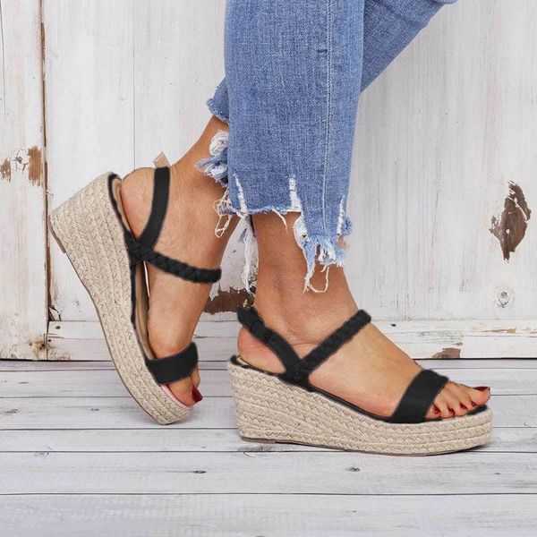 

women fish mouth sandals comfort summer women straw plait flat sandals ladies ankle belt buckle shoes woman wedges sandalie#0721, Black