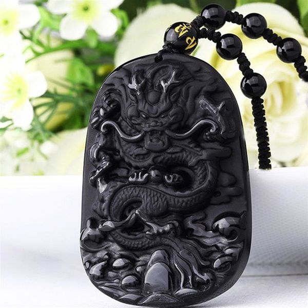 

exquisite natural obsidian carved chinese dragon shape pendant lucky necklace men auspicious symbol shelter, Black