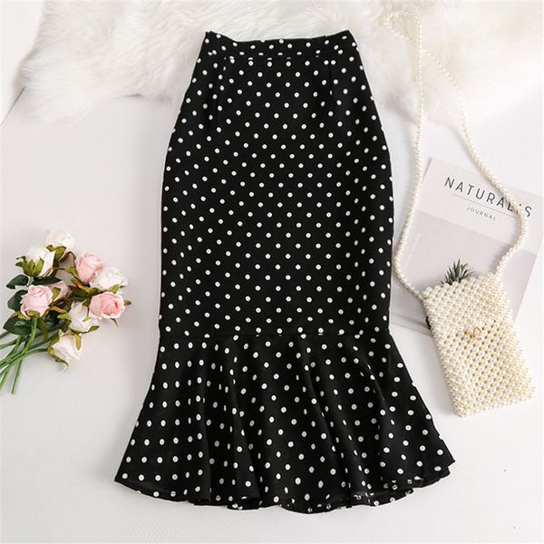 

2020 summer women black dot chiffon skirt elegant lady high waist mermaid skirts slim midi long hip pakadge skirt 340