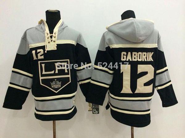 

мужские женщины молодежи пользовательские # 12 marian gaborik старые время с капюшоном джерси лос-анджелес кольцо толстовка, сшитая и сшитая, Black;red