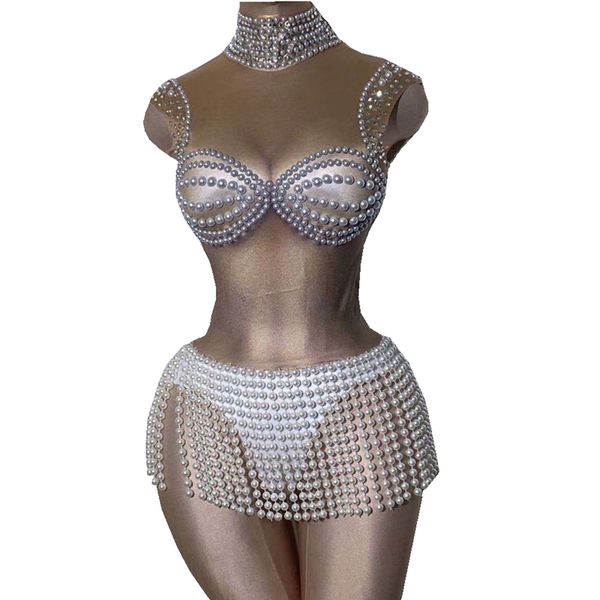 

sleeveless nude dance leotard costume performance party celebrate stage show wear rhinestones pearls fringes bodysuit, Black;red