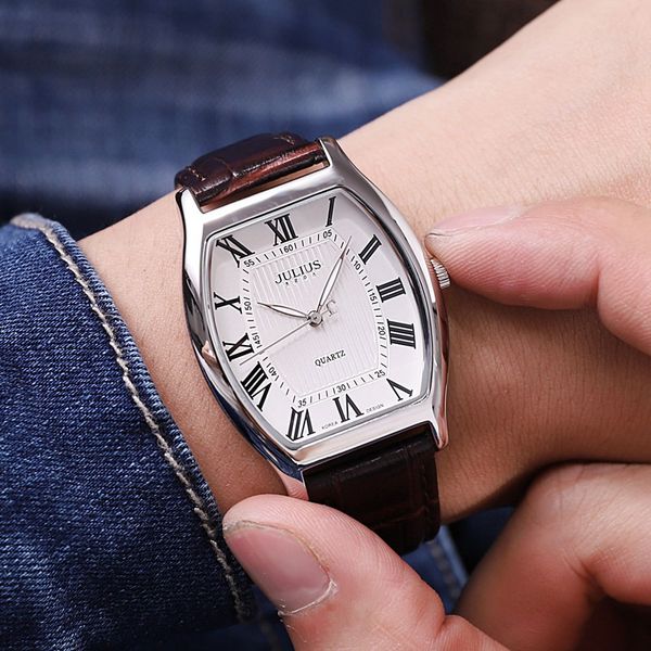 

mens fashion casual business sports genuine leather watch male retro analog tonneau watches waterproof clock men, Slivery;brown
