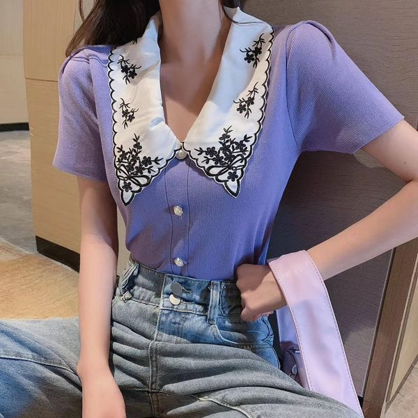 

k92ax 2020 new korean style internet celebrity knit knitwearcontrast color embroidery bubble sleeve knitwear women's thin outer wear pu, White;black