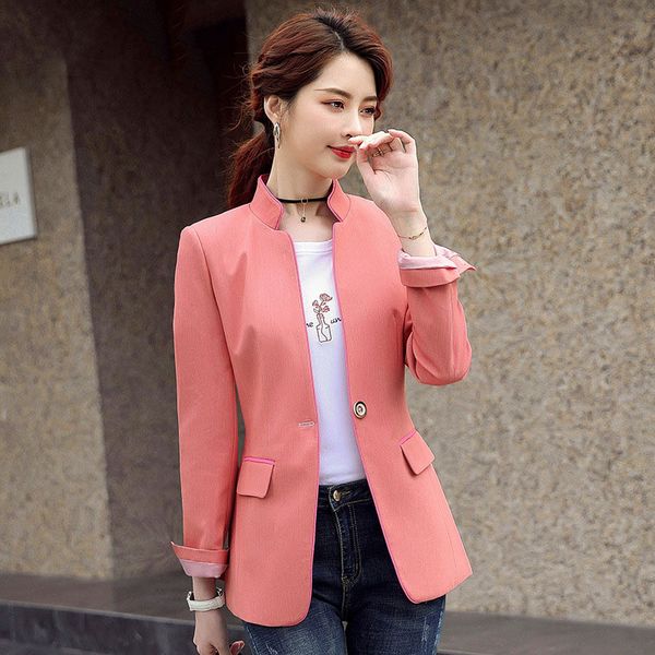 

women's suits & blazers 1pcs womens plus size and coats 2021 autumn cotton blend splicing stand collar jackets ladies skinny, White;black