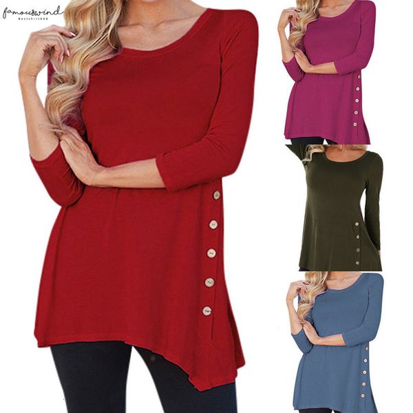 

winter women blouses solid button girl clothing women long sleeve loose button trim blouse solid color round neck tunic shirt, White