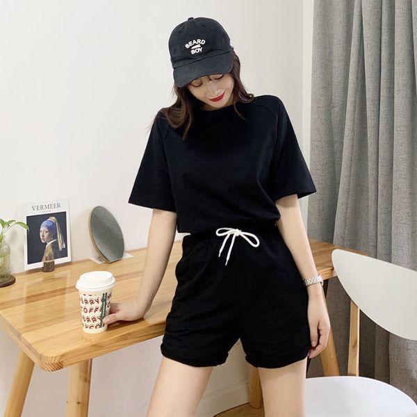 

women's pure cotton 2020 suit solid color loose casual shorts t-shirt two-piece set woman summer tracksuit, Gray